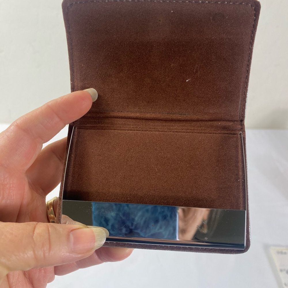 Vintage Silver Leather and Brown Card Holder Hollywood Regency - Picture 4 of 7
